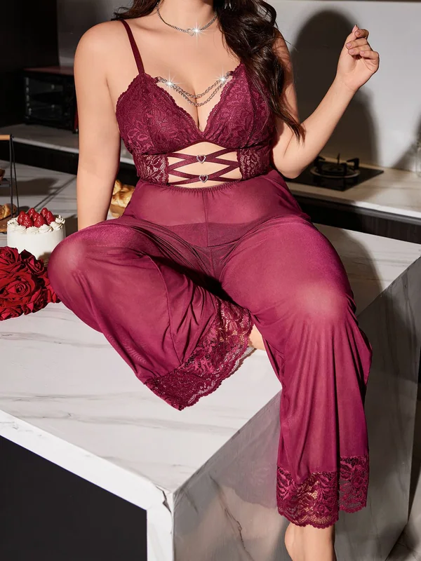 Lace and Mesh Jumpsuit in Burgundy