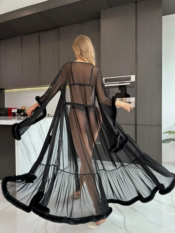Fur-Trim Sheer Mesh Long Robe, Black, model, back