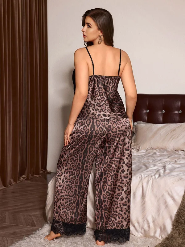 Leopard-Print Satin Lace-Trim Cami and Wide-Leg Pants, Leopard Print, model, back