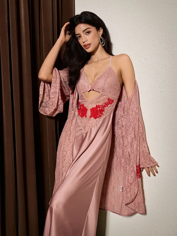 Satin Lace-Trim Slip in Pink