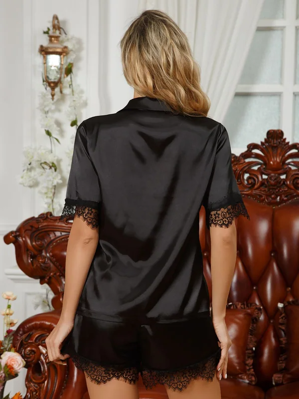 Lace-Trim Satin Pajama Shirt and Shorts, Black, model, back