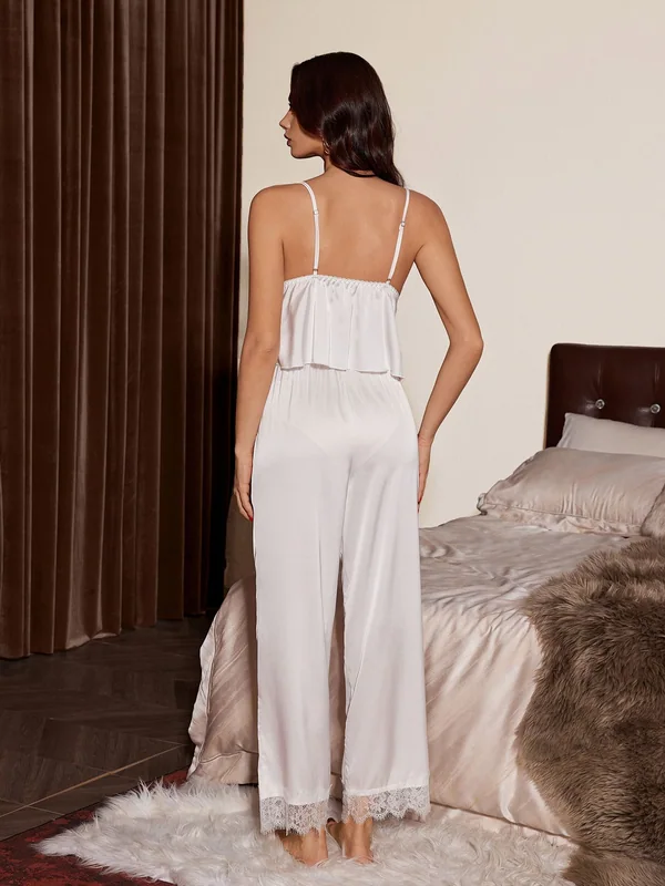 Lace-Trim Satin Cami and Pant, White, model, back