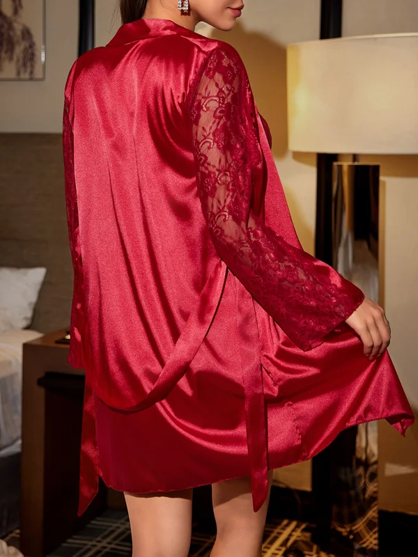 Lace Bodice Satin Slip and Lace-Sleeve Robe, Red, model, back