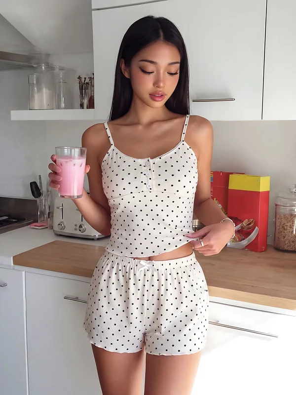Polka-Dot Ribbed Cami Top and Shorts in White