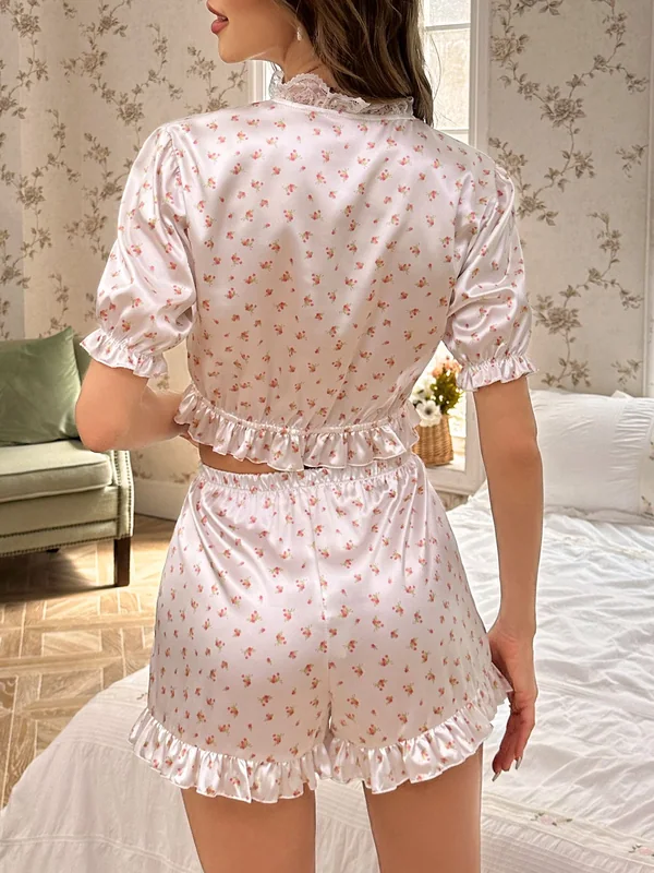 Floral Print Satin Ruffle Sleepwear, White, model, back