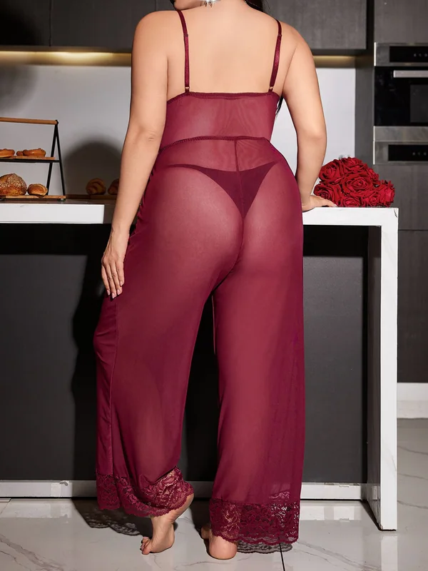 Lace and Mesh Jumpsuit, Burgundy, model, back