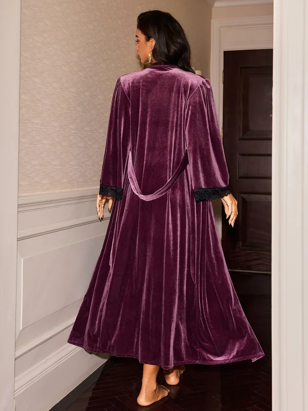 Lace-Trim Velvet Long Slip Dress and Long Robe, Purple, model, back