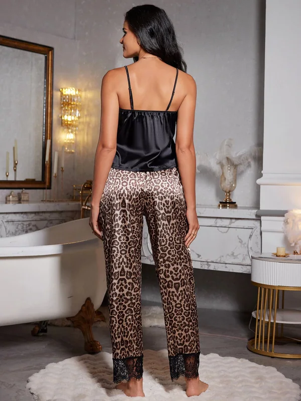 Satin Cami and Leopard-Print Lace-Trim Pajama Pants, Leopard Print, model, back