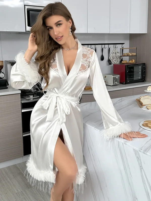 Satin Lace-Trim Robe in White