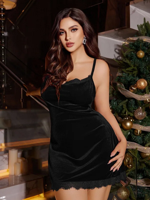 Lace-Trim Velvet Slip, Black, model, front