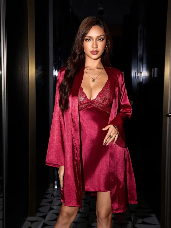 Lace-Trim Satin Slip in Burgundy
