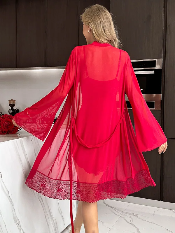 Ruched Lace-Trim Slip and Sheer Mesh Robe, Red, model, back