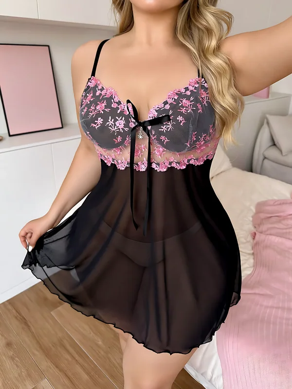 Floral Lace-Trim Mesh Babydoll in Black