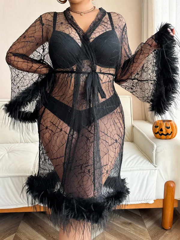 Sheer Spiderweb Mesh Feather-Trim Robe with Bra and Panty in Black