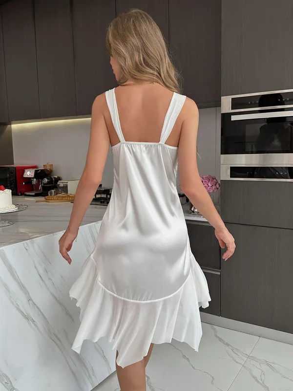 Lace-Trim Satin Slip, White, model, back