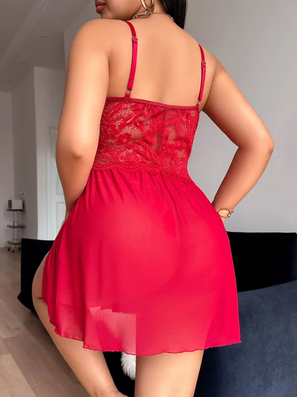 Lace Bodice Mesh Babydoll with Sheer Robe, Red, model, back