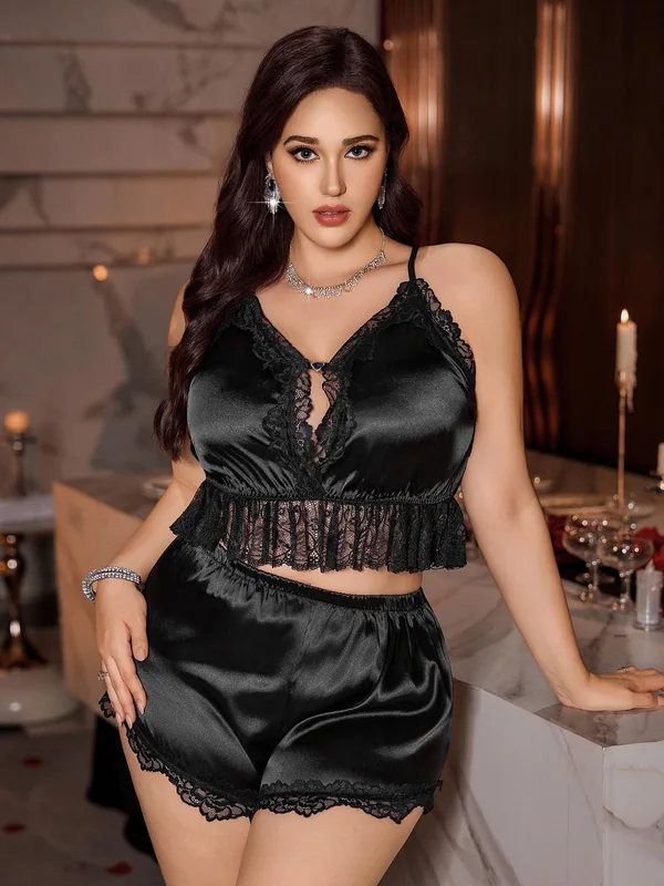 Lace-Trim Satin Cami Top and Shorts in Black