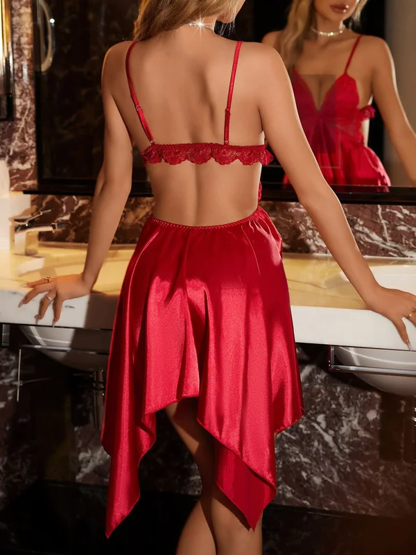 Lace-Trim Satin Babydoll, Red, model, back