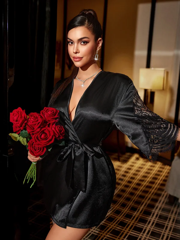 Satin and Lace Robe in Black