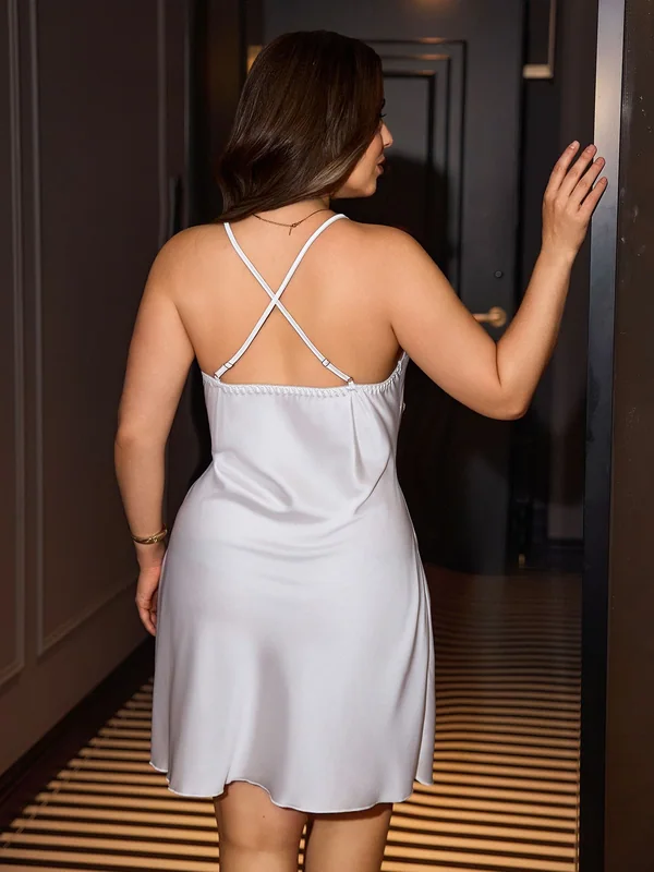 Lace-Trim Mesh-Panel Satin Slip, White, model, back