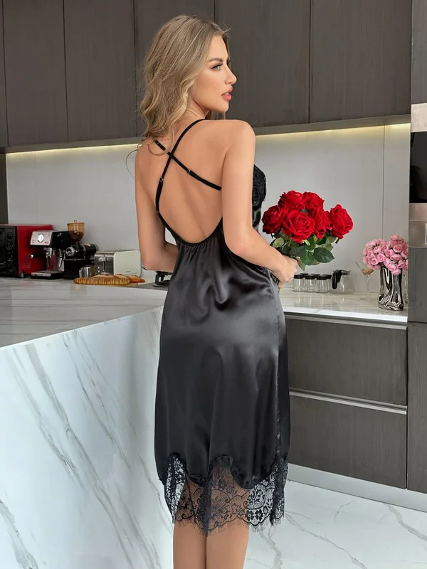 Lace-Trim Satin Long Slip, Black, model, back