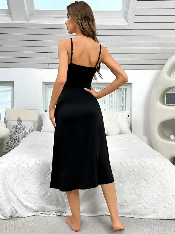 Lace-Trim Side-Slit Slip Dress, Black, model, back