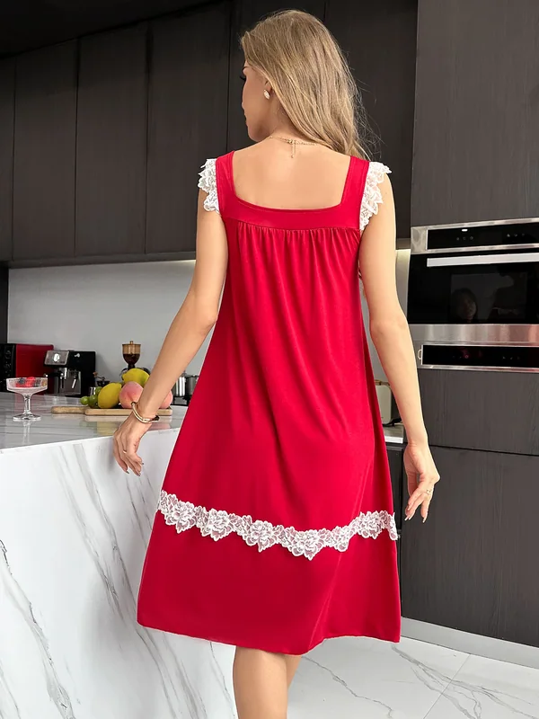 Square-Neck Lace-Trim Slip, Red, model, back