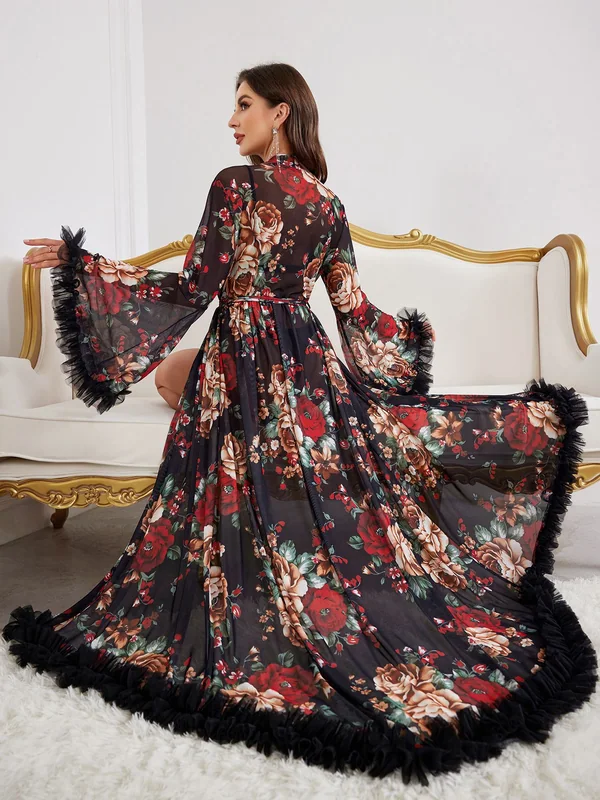 Long Floral Mesh Ruffle-Trim Robe, Black, model, back