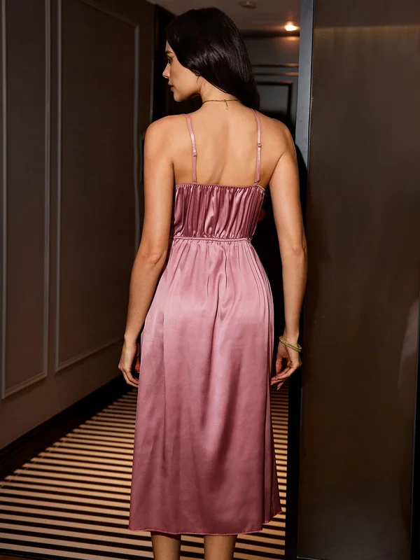 Lace-Bodice Satin Midi Slip, Dusty Pink, model, back