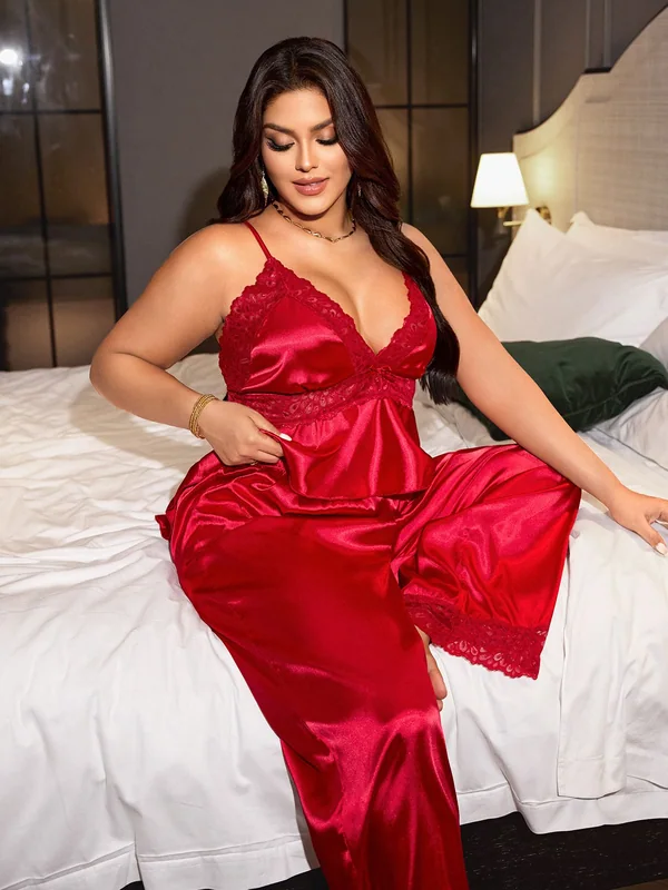 Lace-Trim Satin Cami and Wide-Leg Pants in Red