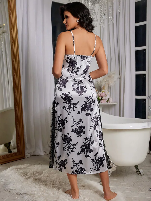 Floral Print Lace-Trim Satin Slip, White, model, back