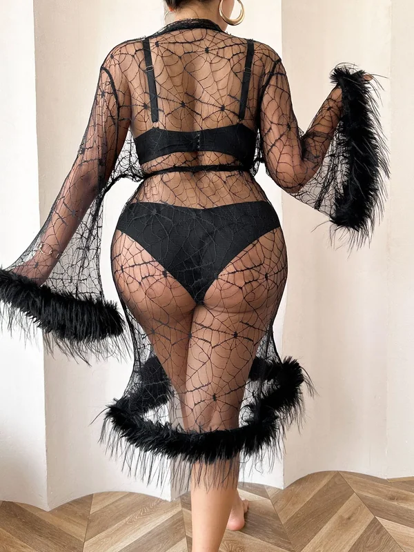 Sheer Spiderweb Mesh Feather-Trim Robe with Bra and Panty, Black, model, back