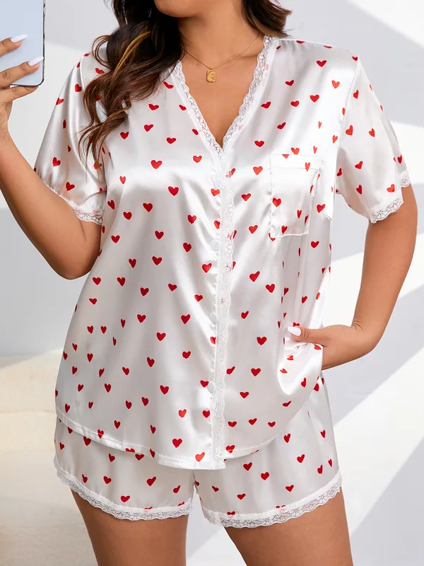 Heart-Print Satin Lace-Trim Pajama Shirt and Shorts, White, model, front