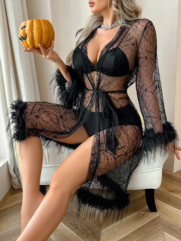 Spiderweb Mesh Feather-Trim Robe with Bra and Panty in Black