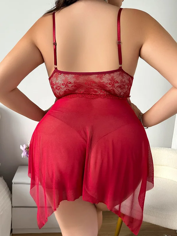 Sheer Mesh Lace-Trim Babydoll, Burgundy, model, back