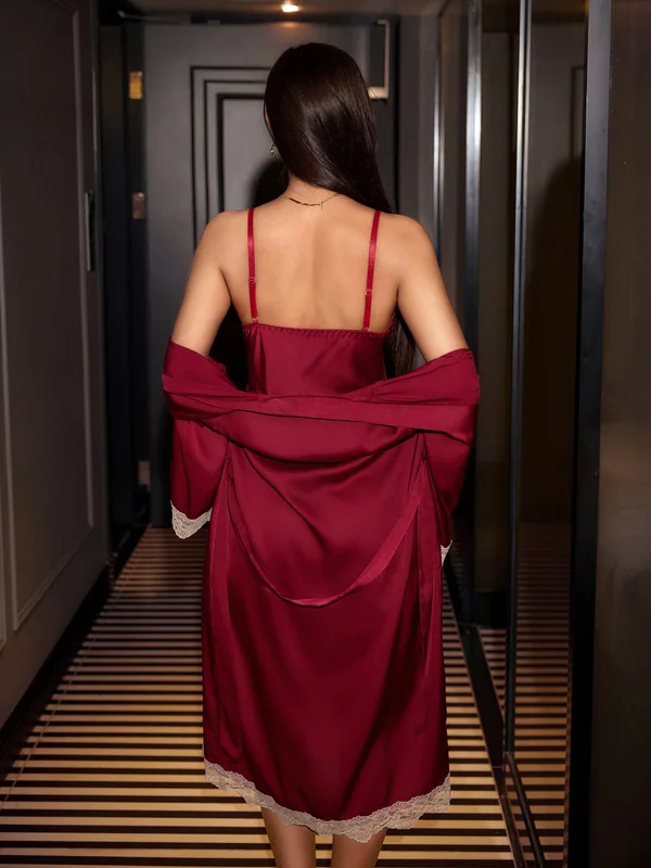 Lace-Trim Satin Slip Dress, Burgundy, model, back