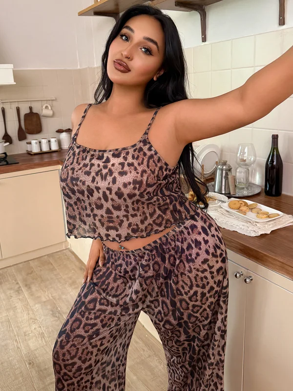 Leopard Print Mesh Cami and Wide-Leg Pants in Leopard Print