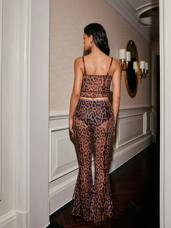 Leopard Print Lace-Trim Mesh Cami Top and Flared Pants, Leopard Print, model, back