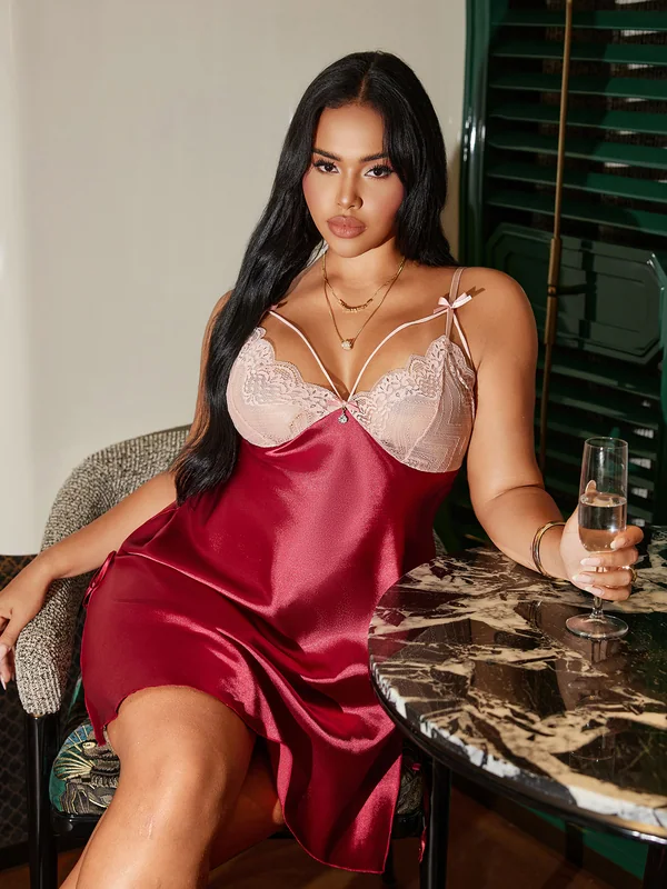 Lace-Trim Satin Babydoll in Burgundy