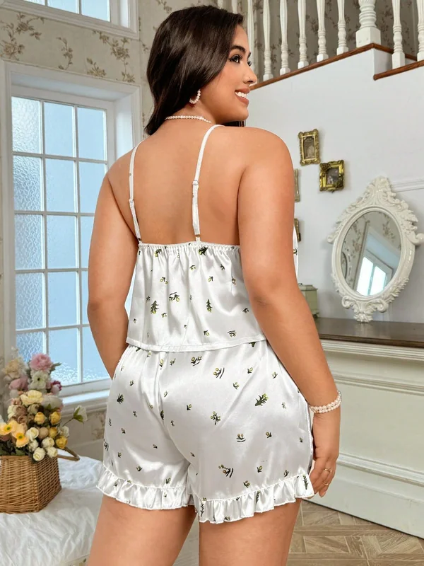 Floral Satin Lace-Trim Cami with Ruffle Shorts, White, model, back