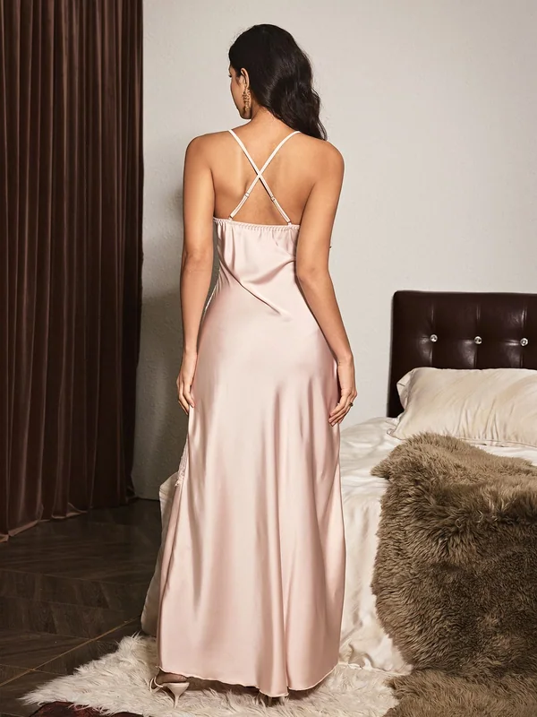 Cross-Back Lace Satin Long Slip, Light Pink, model, back