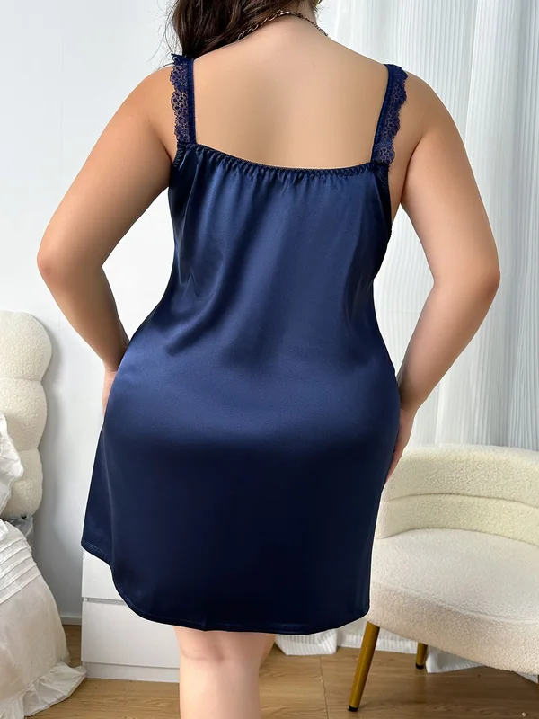 Lace-Trim Satin Slip, Navy Blue, model, back