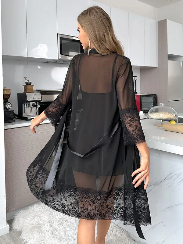 Lace-Trim Mesh Babydoll and Sheer Robe, Black, model, back