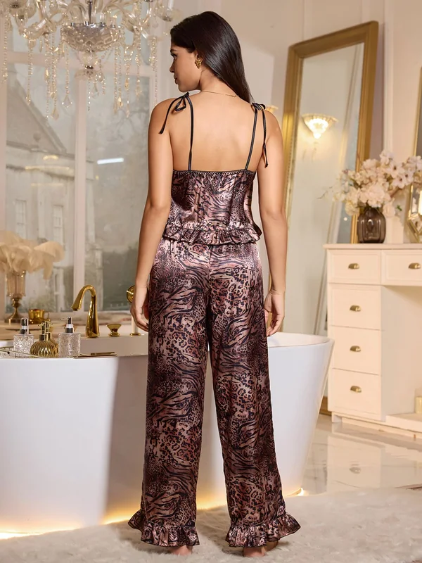 Animal Print Cami Top and Ruffled Pants, Leopard Print, model, back