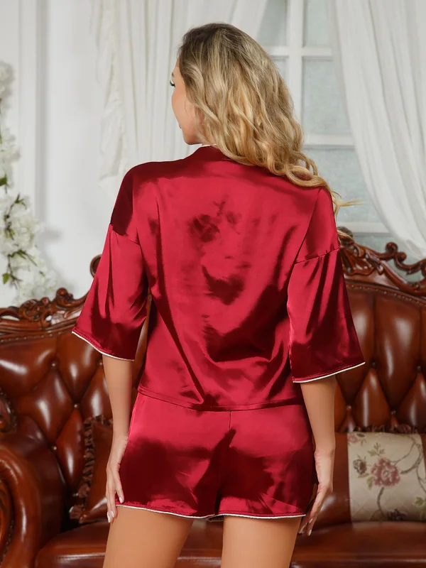 Satin Contrast-Trim Pajama Shirt and Shorts, Burgundy, model, back
