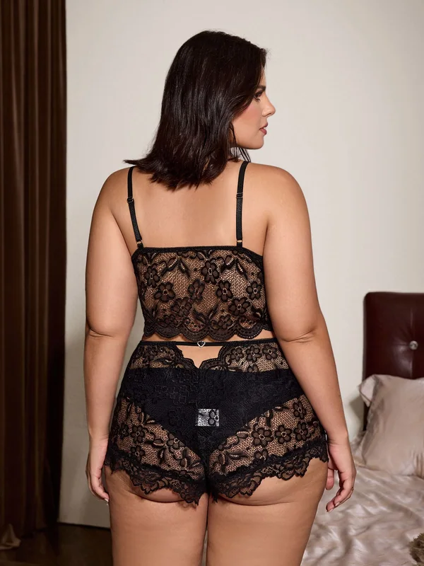 Lace Longline Bralette and Satin Lace Boyshort Panty, Black, model, back