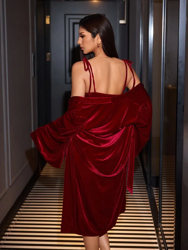 Velvet Tie-Front Babydoll, Burgundy, model, back