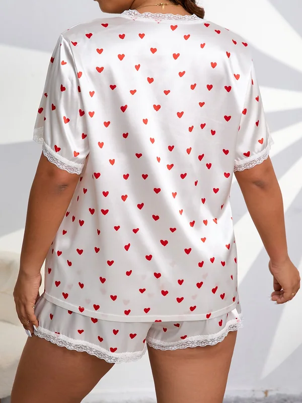 Heart-Print Satin Lace-Trim Pajama Shirt and Shorts, White, model, back