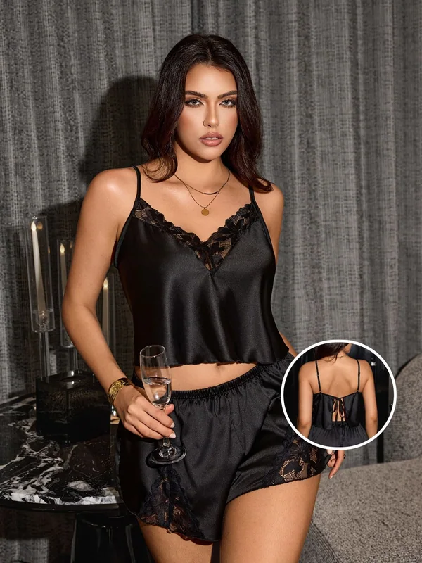 Lace-Trim Satin Cami Top and Shorts in Black