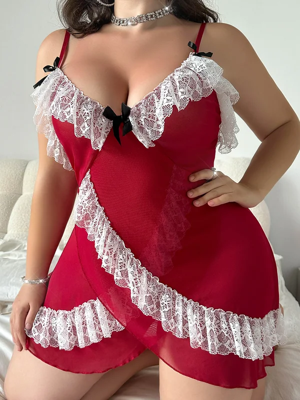 Lace-Trim Mesh Babydoll in Red